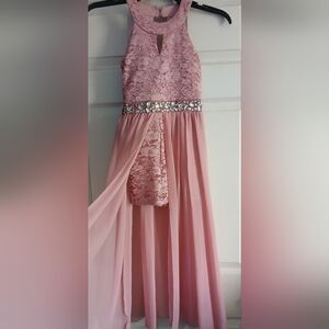 Girls Pink Lace & Chiffon Party Dress with Jeweled Waistband